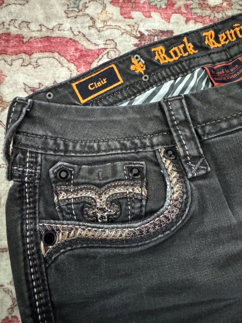 Rock Revival Clair Easy Skinny Jeans Faded Black Fleur de Lis Embellished Size28 - Picture 5 of 12